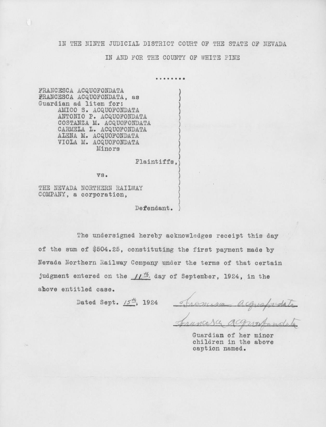 Acknowledgement of reciept of Lump Sum Payment by Francesca Acquafondata